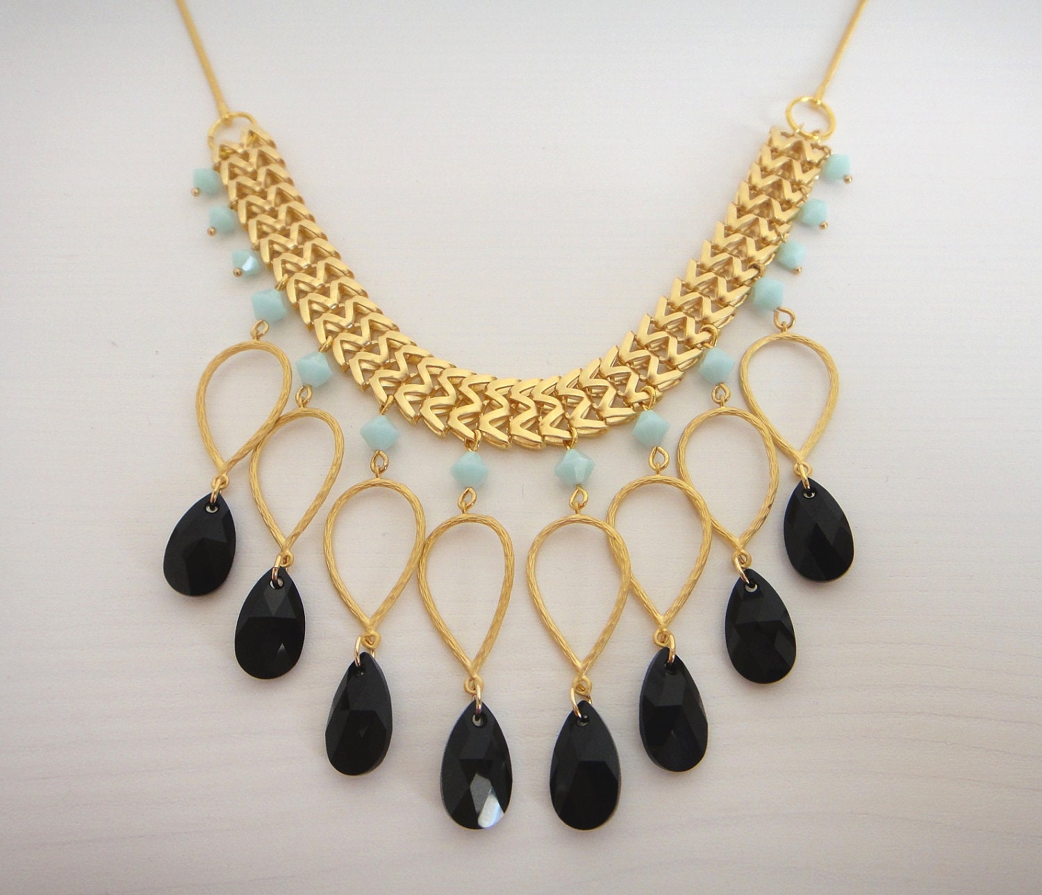 Gold, black and turquoise (swarovski) statement necklace