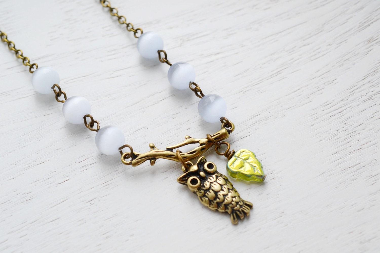 Owl Necklace,Owl Pendant Necklace,Beaded Owl Jewelry, Cats Eye, Brass Owl Charm Necklace, Whimsical, Quirky, Everyday Jewelry, Fashion