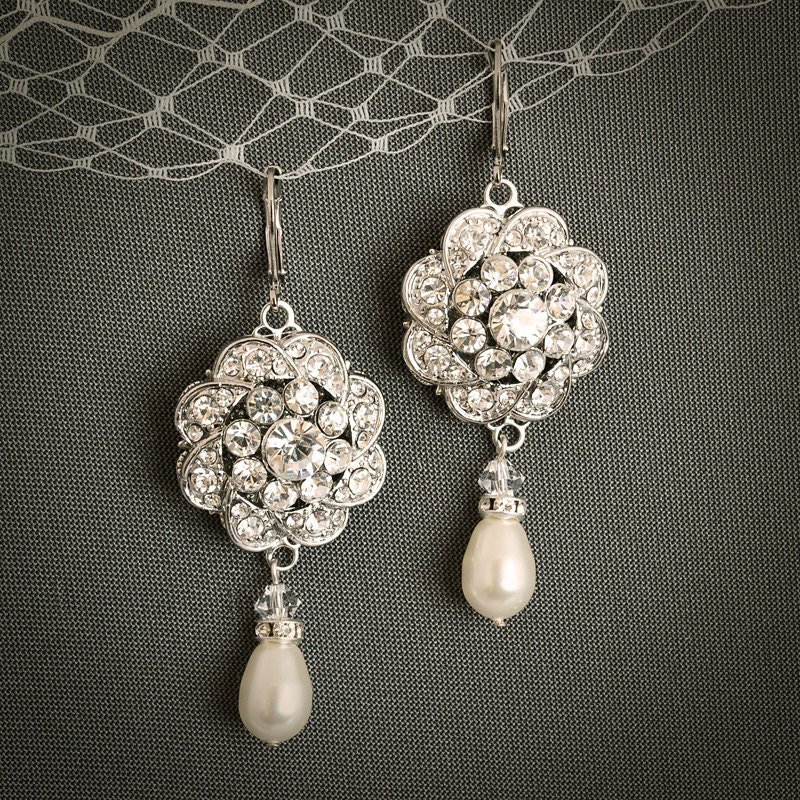 EZINA, Wedding Necklace, Rhinestone Flower Art Deco Necklace, Pearl and Crystal Bridal Necklace, Vintage Inspired Wedding Statement Necklace
