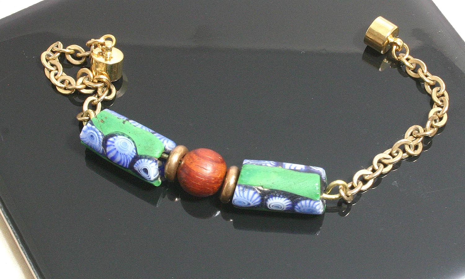 Blue Green Polymer Bead Bracelet with Vintage South African Polymer Beads