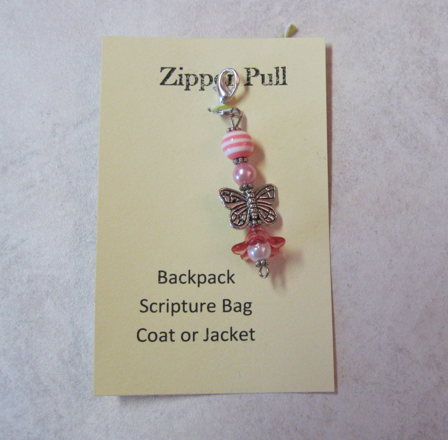 Sale Handmade Beaded Zipper Pull Pink Beads and Pewter Butterfly