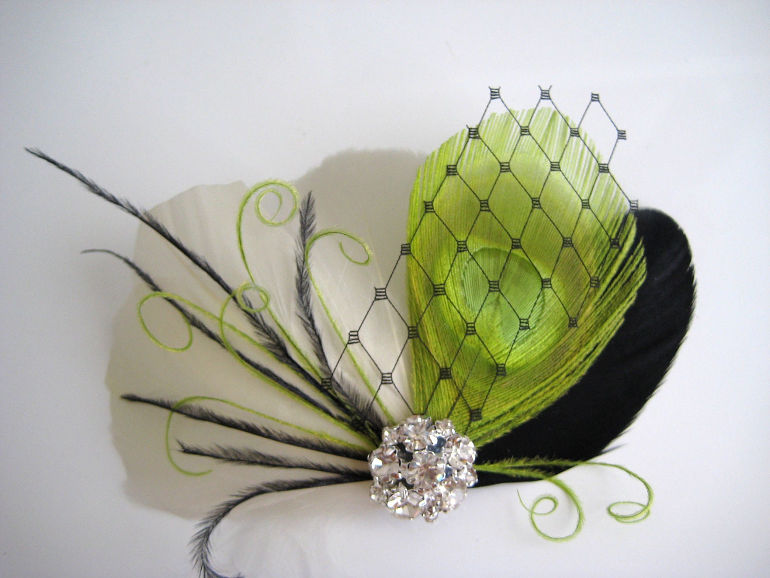 Wedding Bridal Ivory Black Lime Green Peacock Feather Rhinestone Jewel Head Piece Hair Clip Fascinator