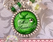 TEACHER GIFT PERSONALIZED Name Bezel Necklace, Damask Print, Apple, Bottle Cap Bottlecap (or Keychain)-Teacher Appreciation Gift Present