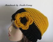 Crochet Hat Teen to Adult Hat Gold and Black Cloche with Flower..Accessories...Beanie Cap..Womens Clothing Teen Hat..Ladies Hat Handmade
