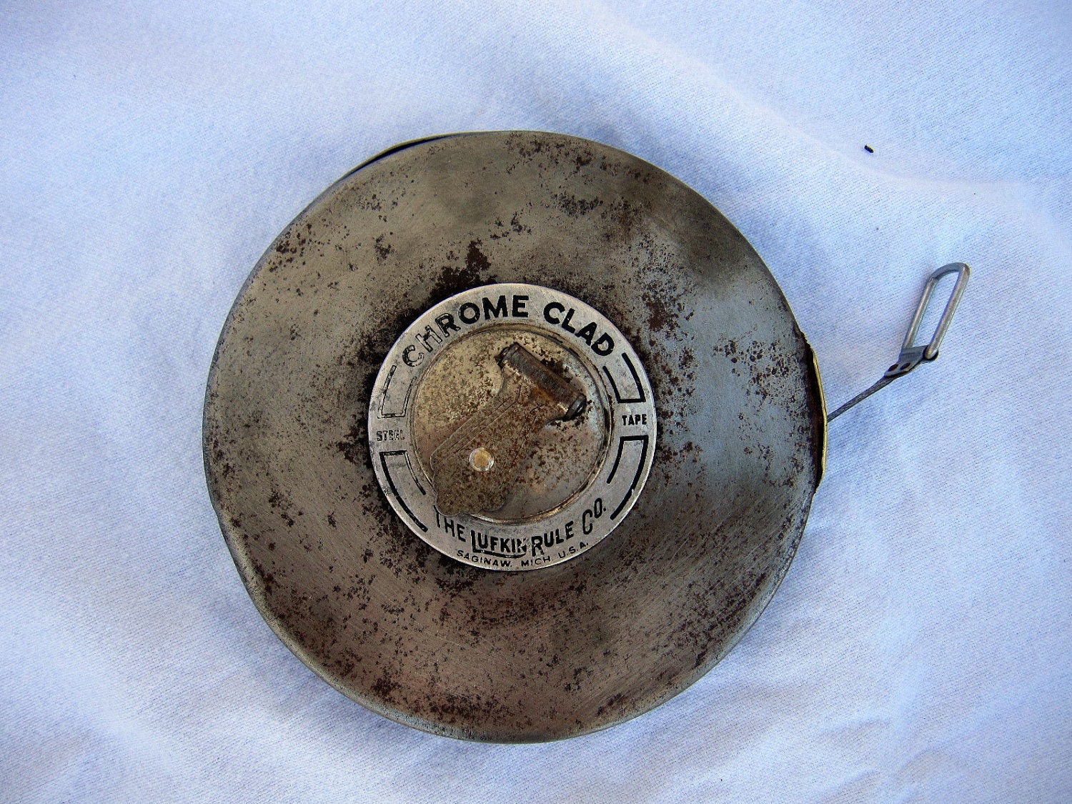 Vintage Industrial Steel Tape Measure Lufkin Rule Co. 100 ft Retractable
