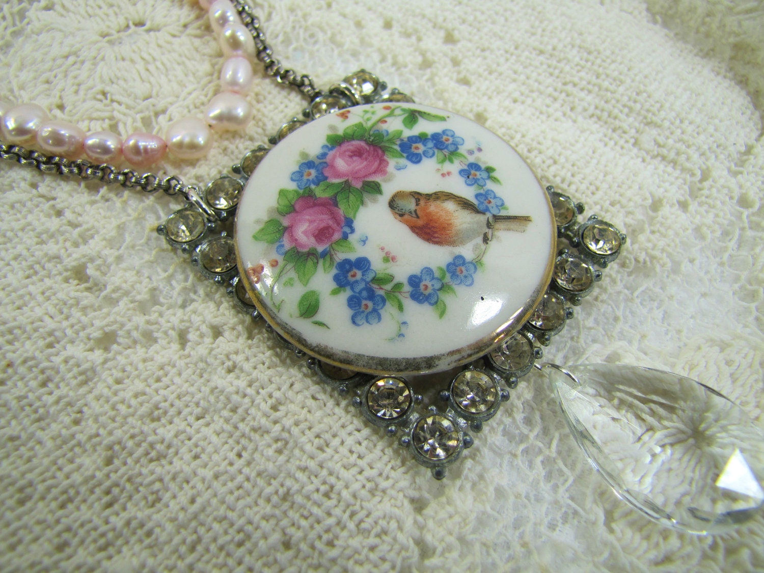 Vintage Porcelain Pendant Necklace- Hand Painted China- Robin Bird in Floral Wreath- Art Deco Buckle- Pink Freshwater Pearls- Pure Romance