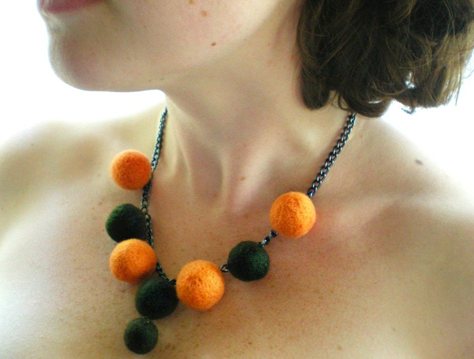 Orange and Black Felt Necklace -  Orange and Dark Olive Needle Felted Ball Necklace Jewellery