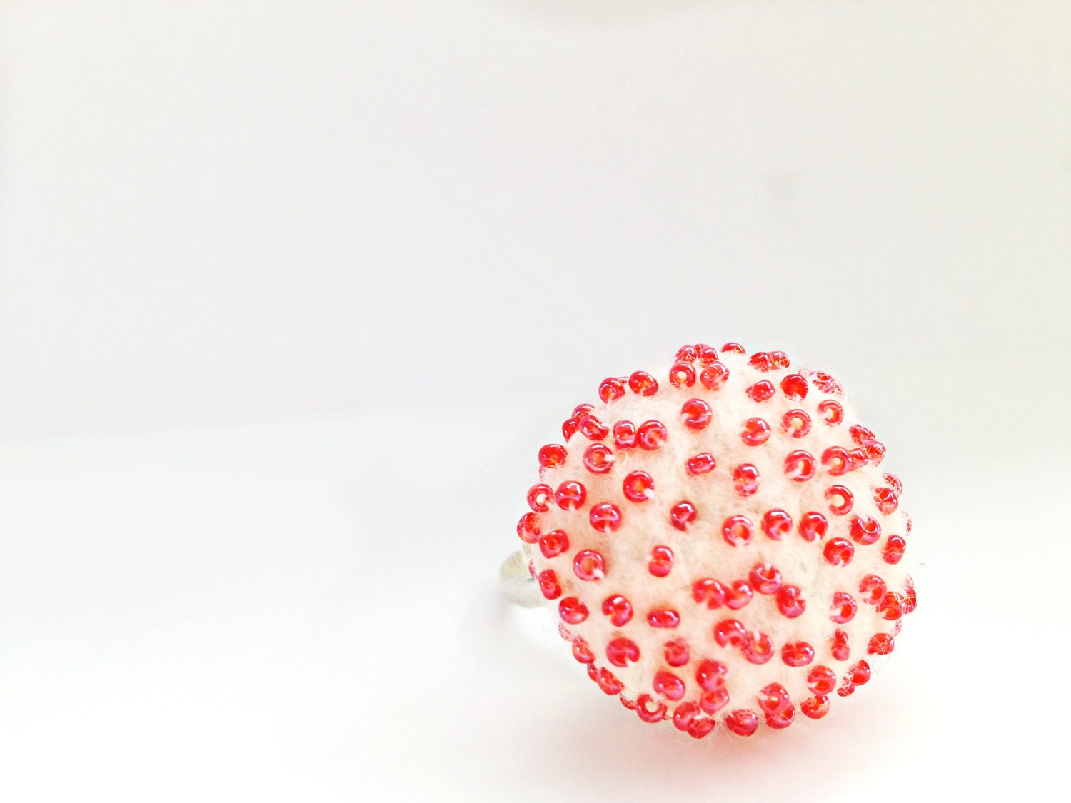 Red and White Ring - Needle Felted White Ring With Red Glass Beads