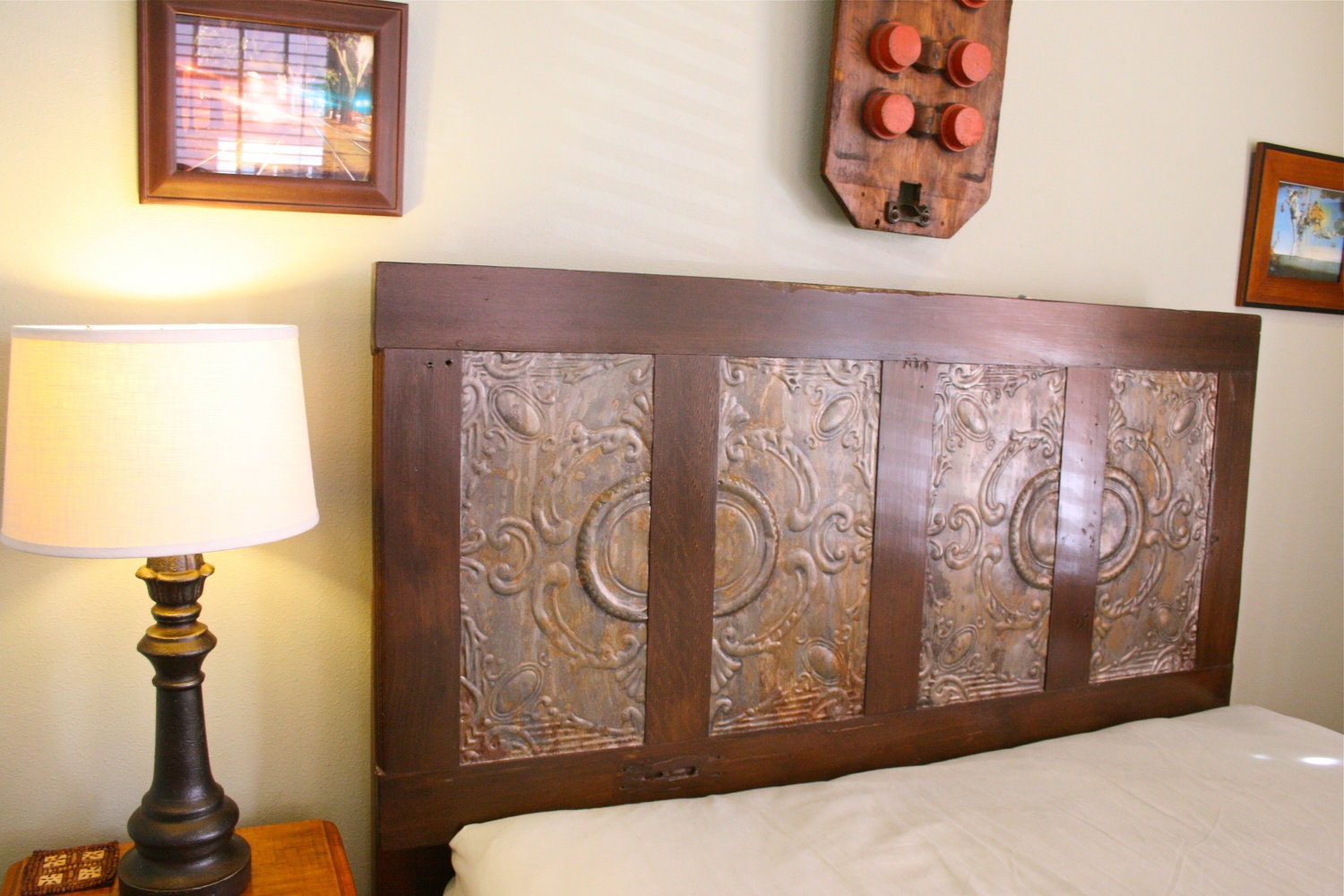 Victorian Headboard Made From Salvaged Door and Antique Ceiling Tin