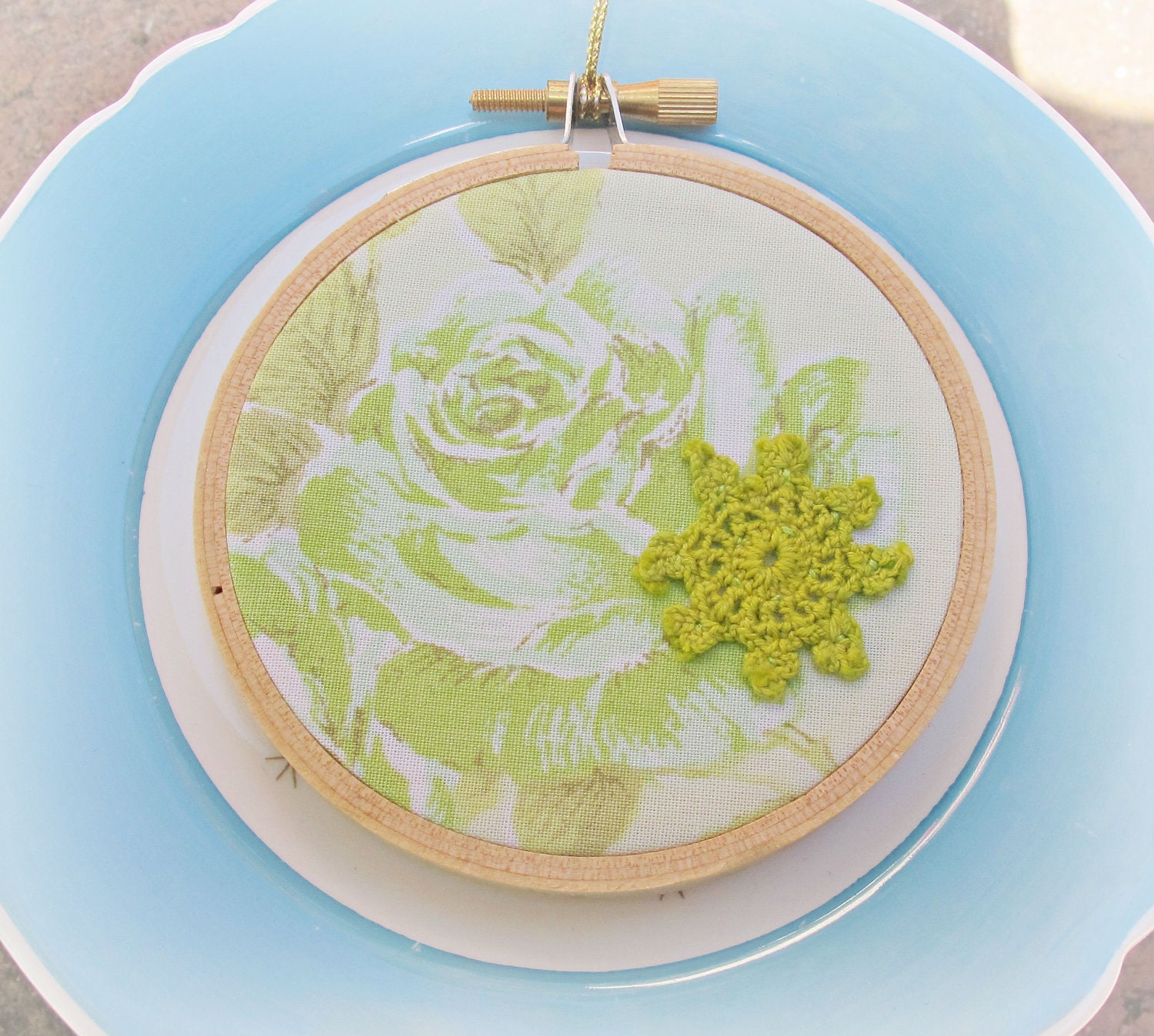 Green Embroidery Hoop Art Ornament. Vintage Retro Fabric Lime Green Pastel Flowers Roses Christmas Decoration