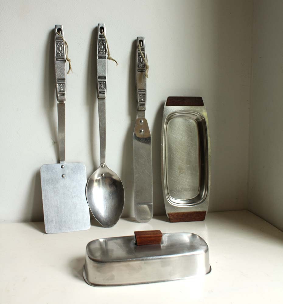 Vintage Kitchen Utensils and Butter Dish Set. Stainless Steel and Wood..