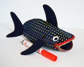 Shark Toy Bag by MinneBites / Handmade Modern Kids Bag - Crayon Holder - Fish Bag - Small Pouch - Party Favor - Rainbow Navy Dots
