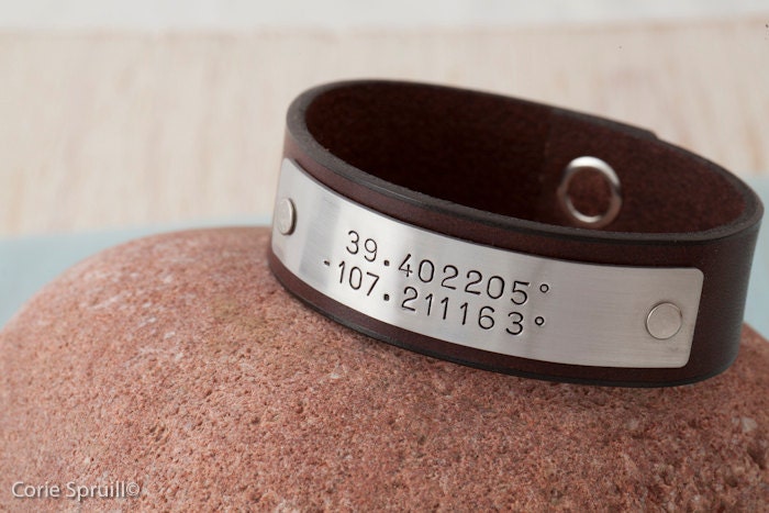 Latitude Longitude Bracelet - Personalized Leather Bracelet - GPS Coordinates Location Bracelet
