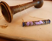 Handmade Vintage French Ribbon Bead Pendant Necklace with Blue, Gold & Purple motif, Delicate 14 carat gold chain