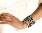 Artisan Antique French Silk Bracelet Cuff in Lush Green Velvet with Orange & Red Floral motif, embellished with Swarovski crystals