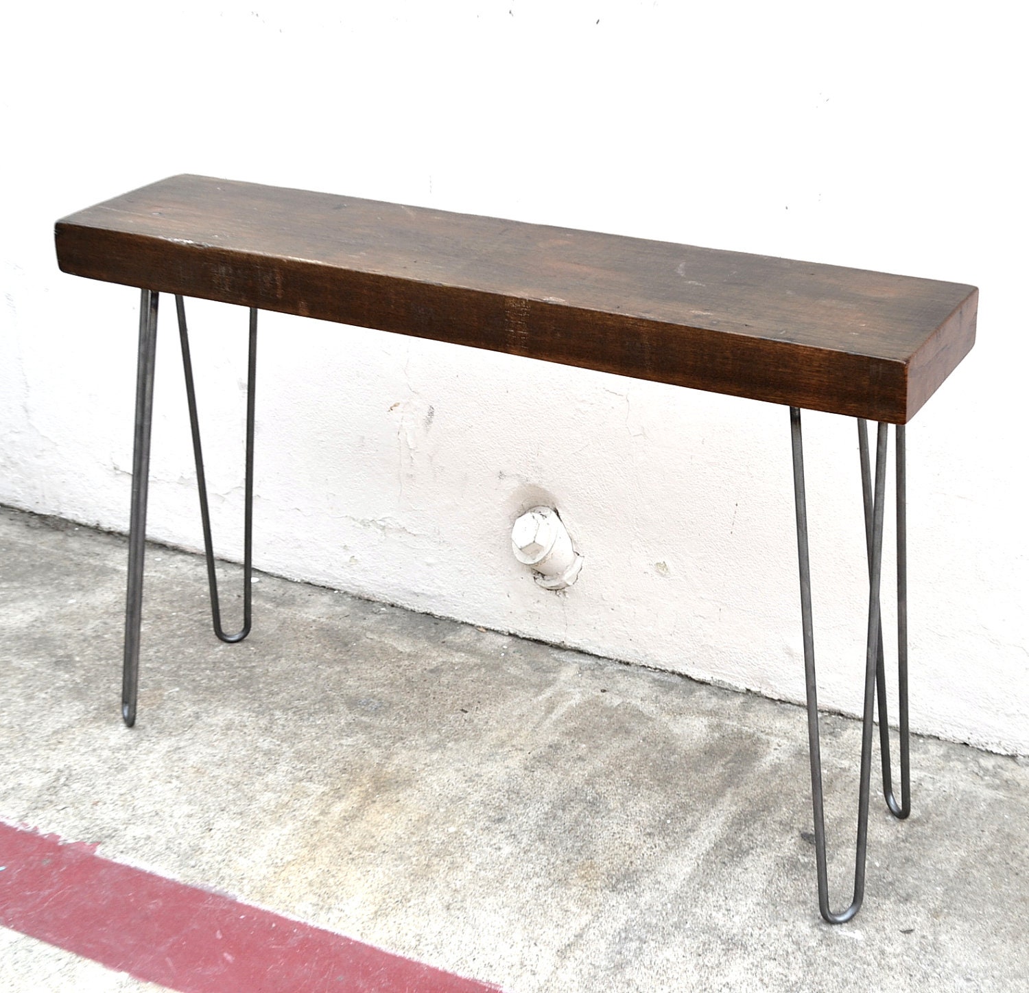 RESERVED Minimalist Console Table 48" Salvaged Wood Industrial Factory Beam On Hairpin Legs
