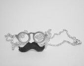 Necklace charm.Sterling silver mustache glasses necklace.Geek jewelry.Adjustable chain necklace.Birthday gift.