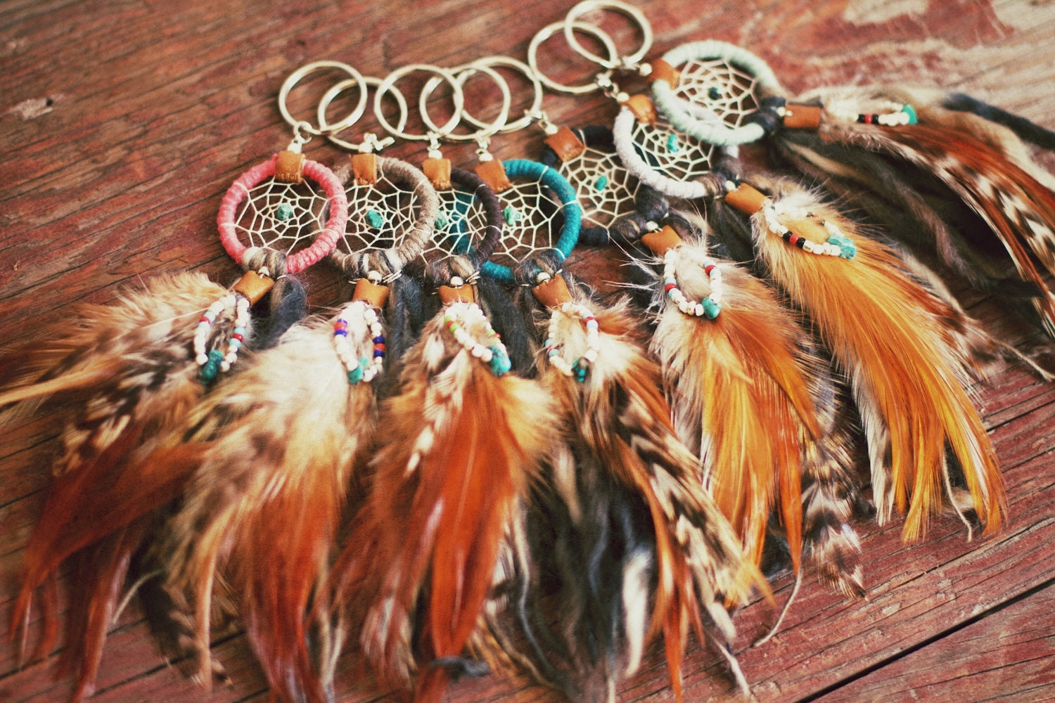 FREE SHIPPING, Dreamcatcher keyring with hackle feathers charm, recycled yarn,upcycled,native american, color option,hippie,boho,southwest