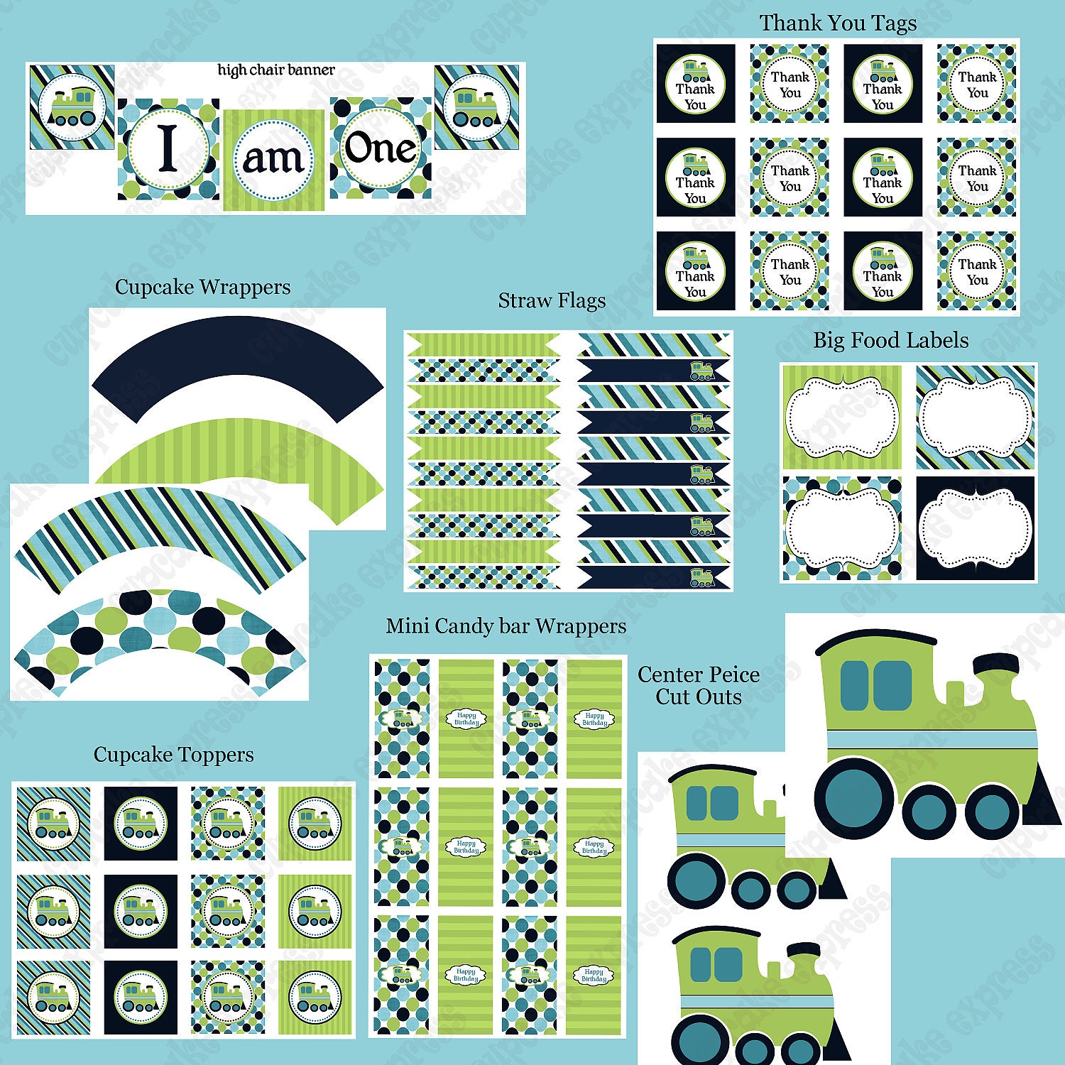 DIY Train Birthday Collection Deluxe PRINTABLE Party Package  Banner Cupcake toppers Invitation more...