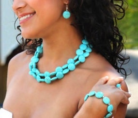 Chunky Turquoise Necklace in a two strand coin design. Perfect Bridesmaids Necklace