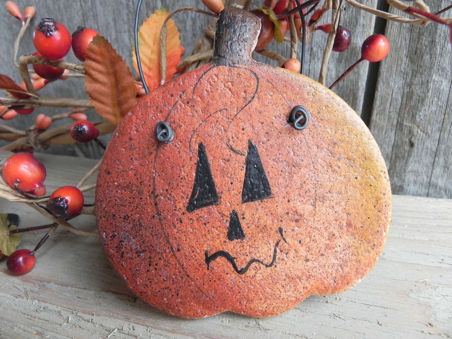 Primitive Jack O Lantern Pumpkin Salt Dough Ornament  / Fall Decor