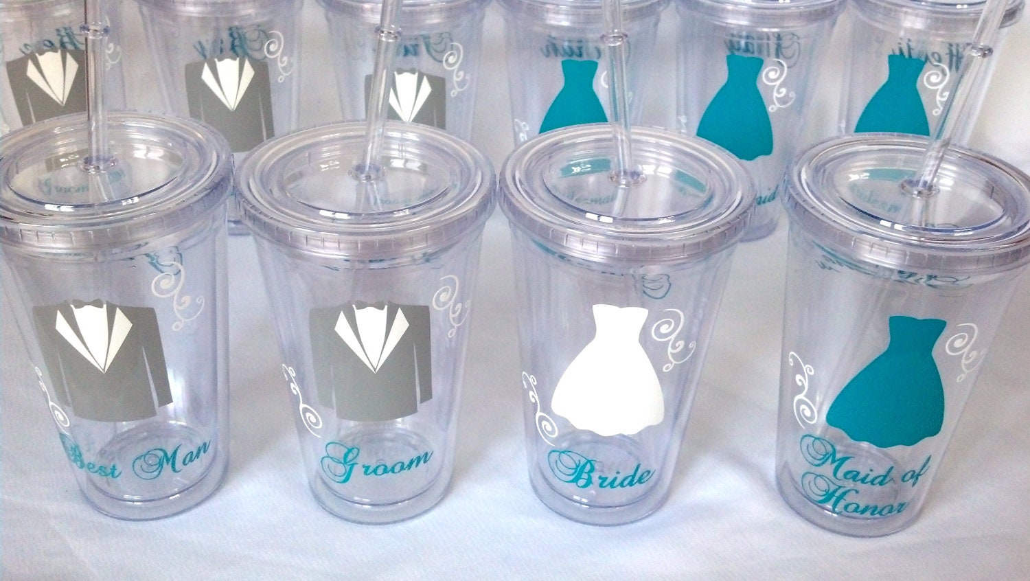 10 Tumblers for Bride and Bridesmaids, Wedding party acrylic glasses with lid and straw, flower girl plastic cups, Bridesmaid gift