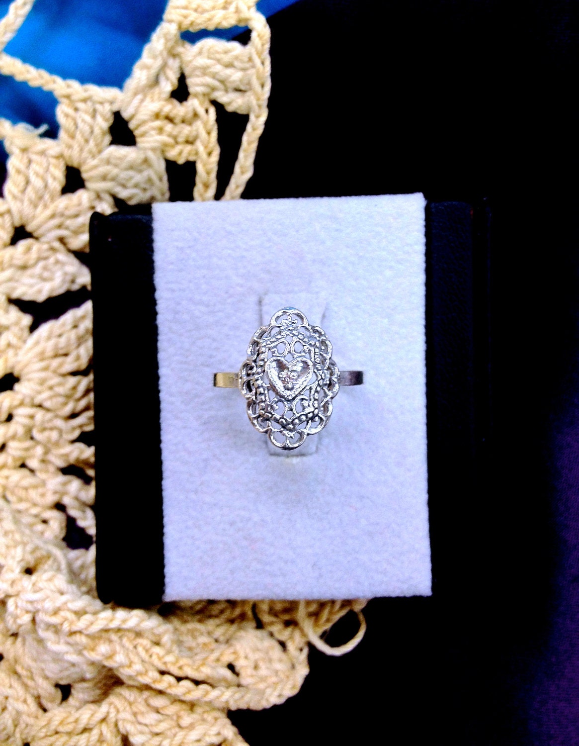Antique 925 Sterling Silver Filigree Victorian Heart Diamond Ring