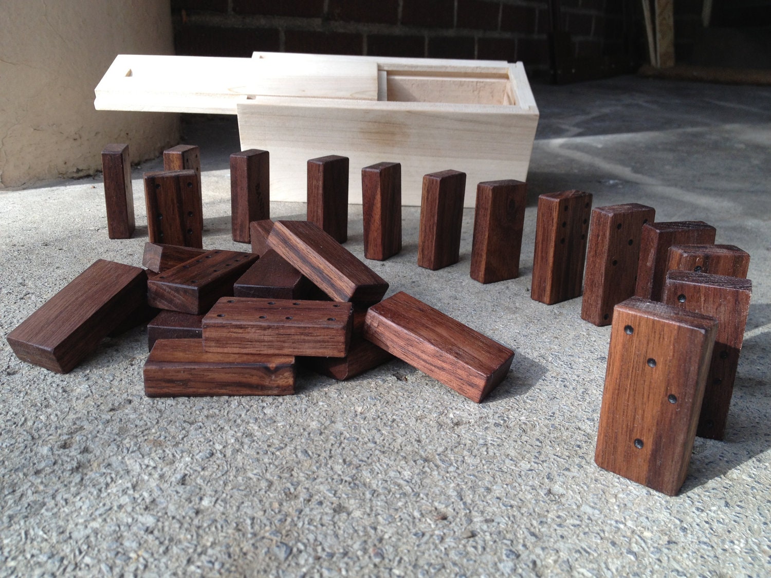 Double Six Dominoes by BANDY, walnut tiles in solid maple box