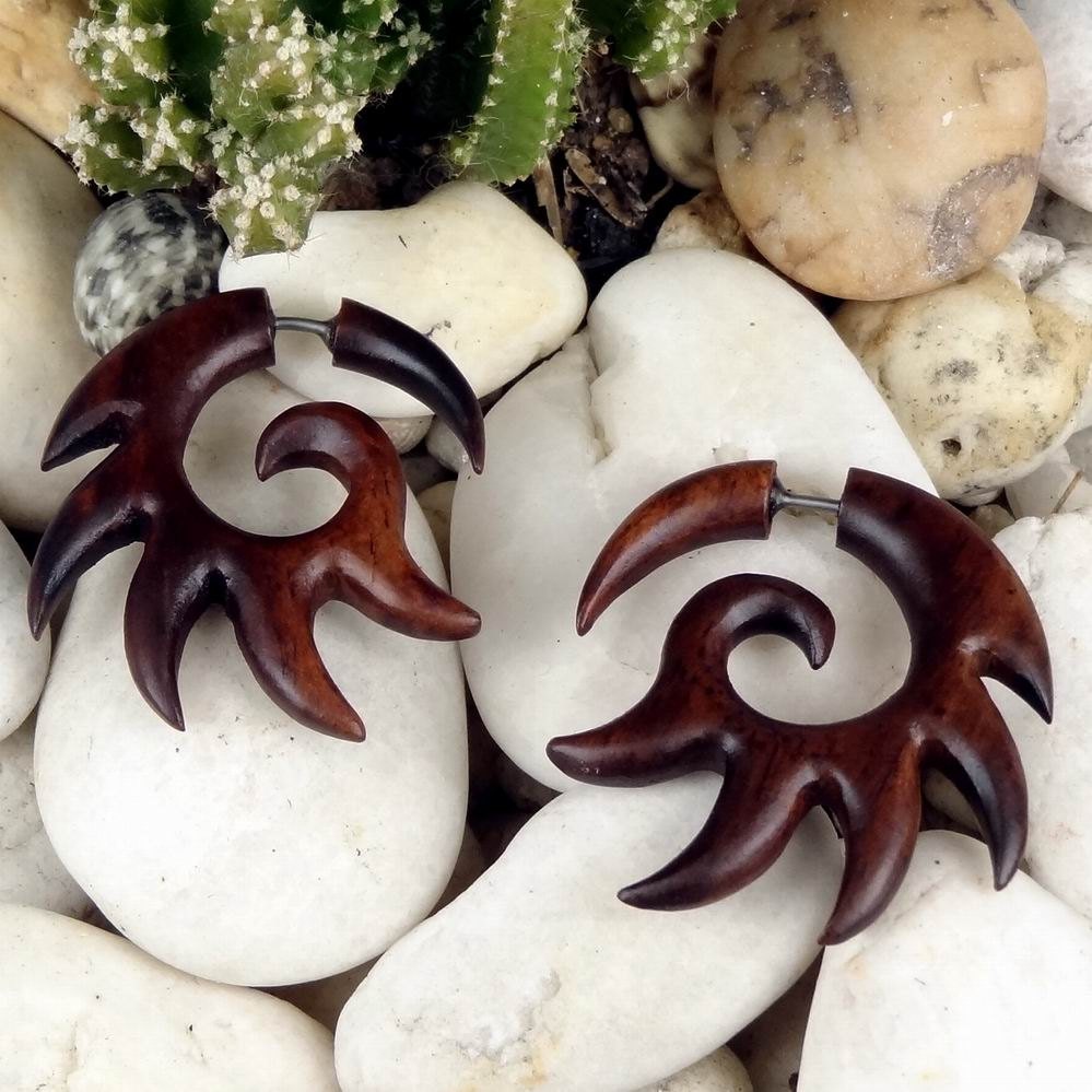 Fake Gauges -- 1 Pair Wooden Earrings - Sunfire Spiral Swirls - Organic Sonora Wood - (By Fake Gauge Organics)