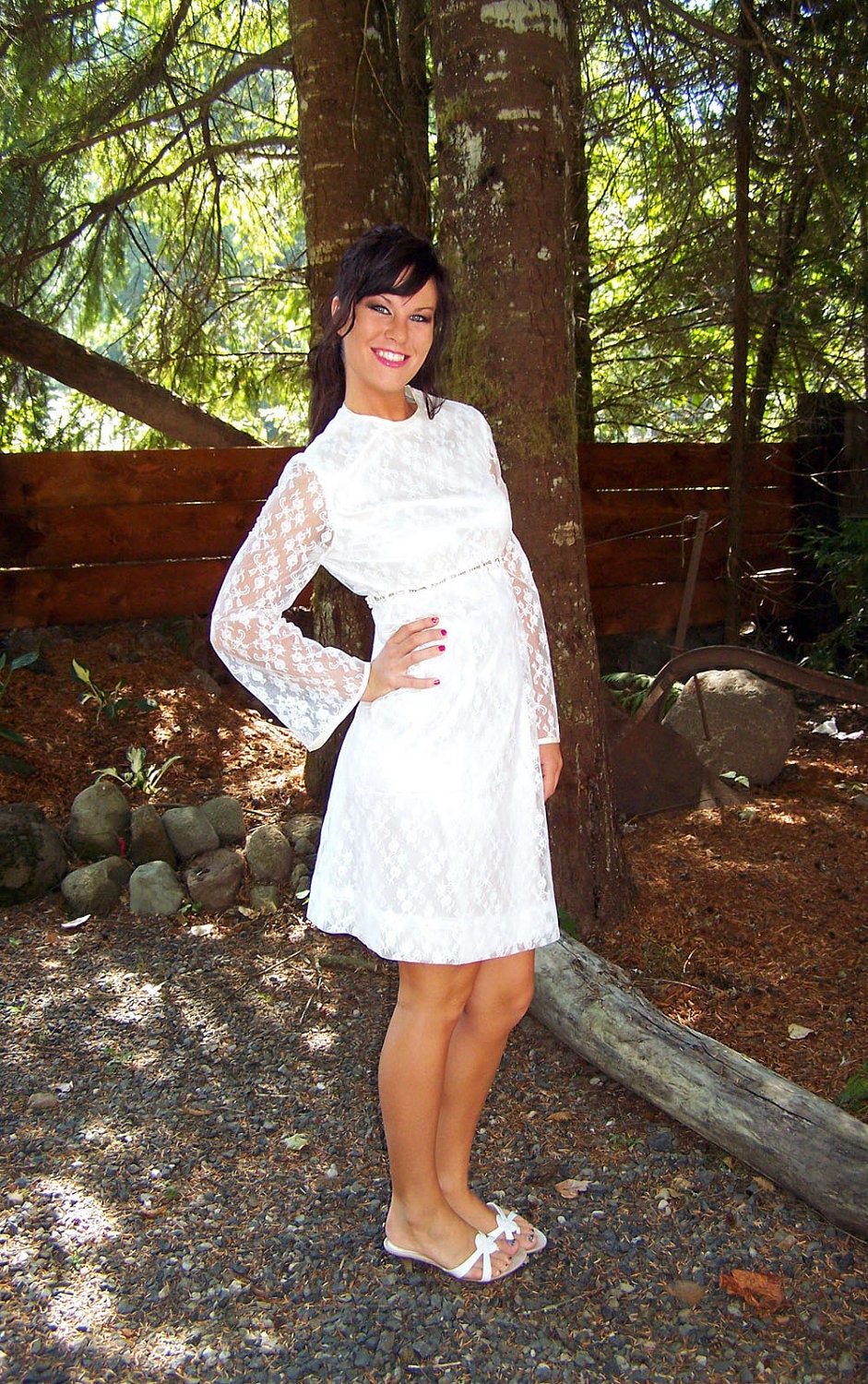 Age of Aquarius-Vintage White Lace Baby Doll Mini Bridal Dress-Convertible Sheath Style-Large/Xlarge