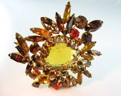 Large Rhinestone Brooch Unsigned Weiss Topaz Smoked Brown Orange Sunburst 1960s Jewelry