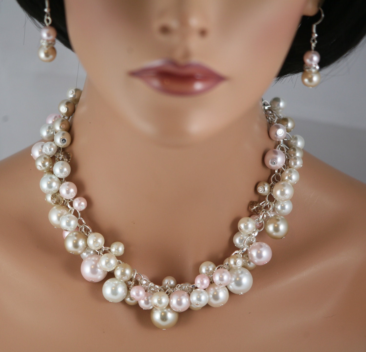 Clustered Pearl Necklace In Champagne Pearls And Crystals