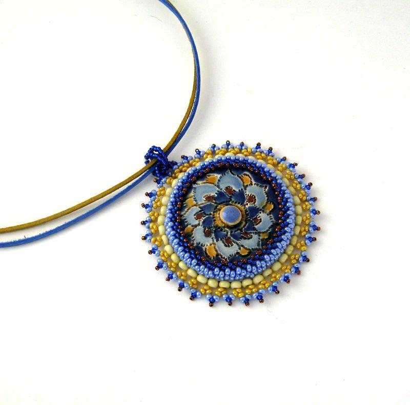 Beaded jewelry, bead embroidered necklace, seed bead jewelry, Beadwork necklace, blue and yellow