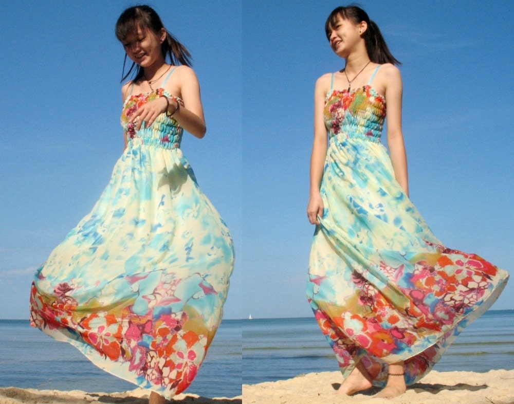 New Long Maxi Dress Romance Chiffon Dress/ Blue Sundress XS S M L Dress Women Xmas Gifts