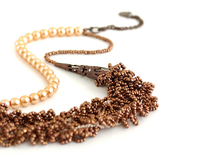 Multistrand Pearl Necklace in Cream, Brown Cooper Vanilla Crochet Jewelry Wedding Bridal Hippie Boho Gypsy Style Jewelry