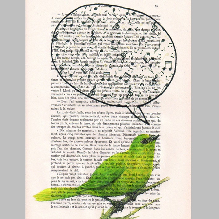 Singing bird 3-Original Illustration-Art Print-Art Poster-Fine Art Mixed Media-Music Melody Musician Bird Wall Nursery xyz