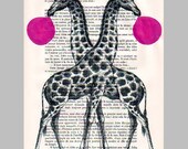 2 Giraffes with bubblegum- ORIGINAL ARTWORK Hand Painted Mixed Media on 1920 Parisien Magazine 'La Petit Illustration'