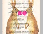 2 rabbits with bubblegum-1- ORIGINAL ARTWORK Hand Painted Mixed Media on 1920 famous Parisien Magazine 'La Petit Illustration'