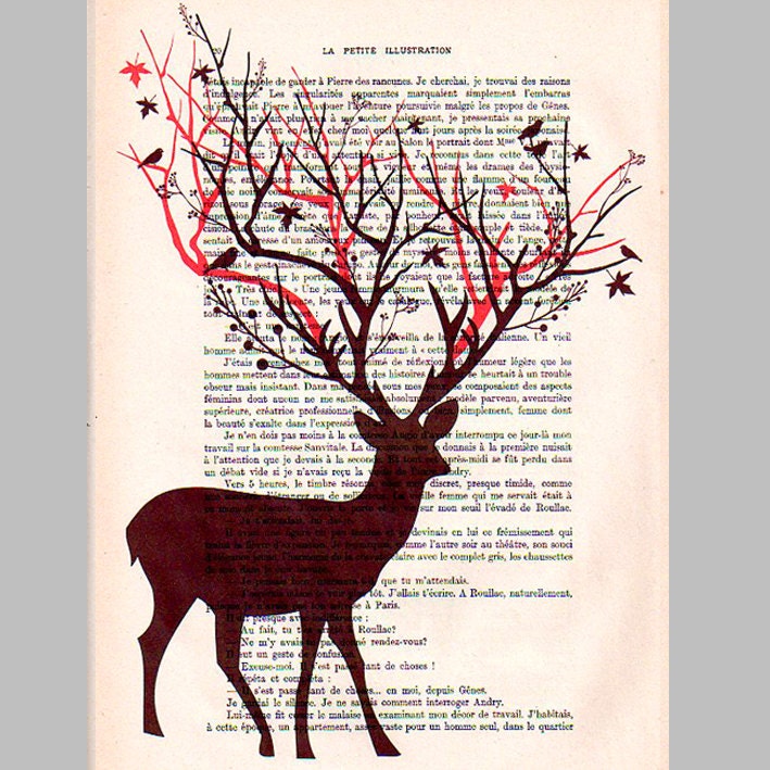 Tree Deer with Birds -Original Mixed Media Illustration - Painting on Digital Print on Paper Vintage Dictionary made in France