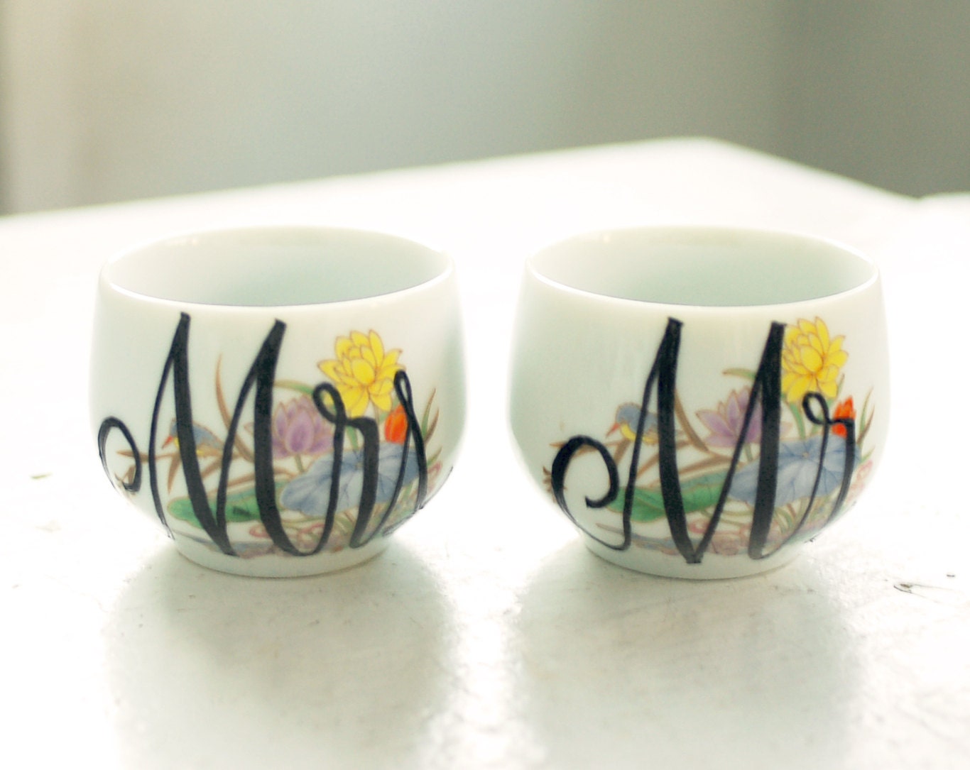 mr. and mrs. vintage sake cups - set of two (2) floral shot glasses - upcycled pair