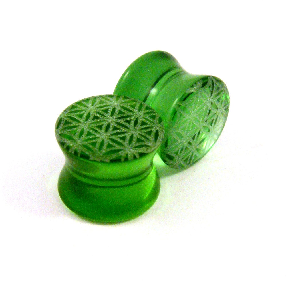 Flower of Life Green Glass Plugs - 2g (6mm) 0g (8mm) 00g (9mm) (10mm) 7/16" (11mm) 1/2" (13mm) 9/16" (14mm) 5/8" (16mm) Transparent Gauges