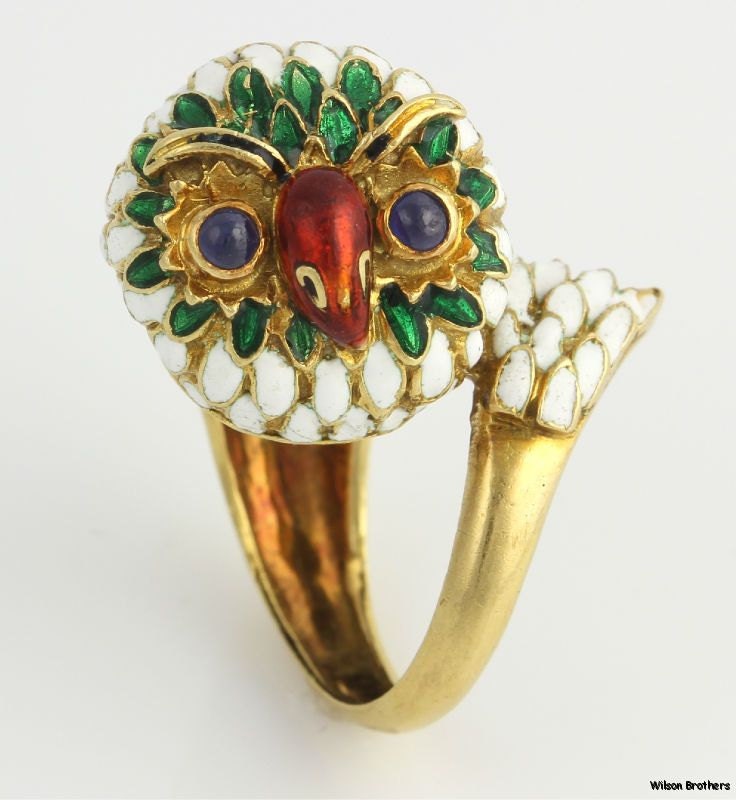 18k Yellow Gold Genuine Sapphire Eclectic Owl Cocktail Ring