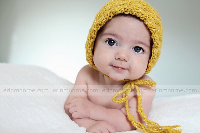 Practical Cable Mustard Bonnet Hat- Knit Baby Hat- Photo Prop Hat- Mustard Knit Hat-  Newborn Photography Prop- Great gift