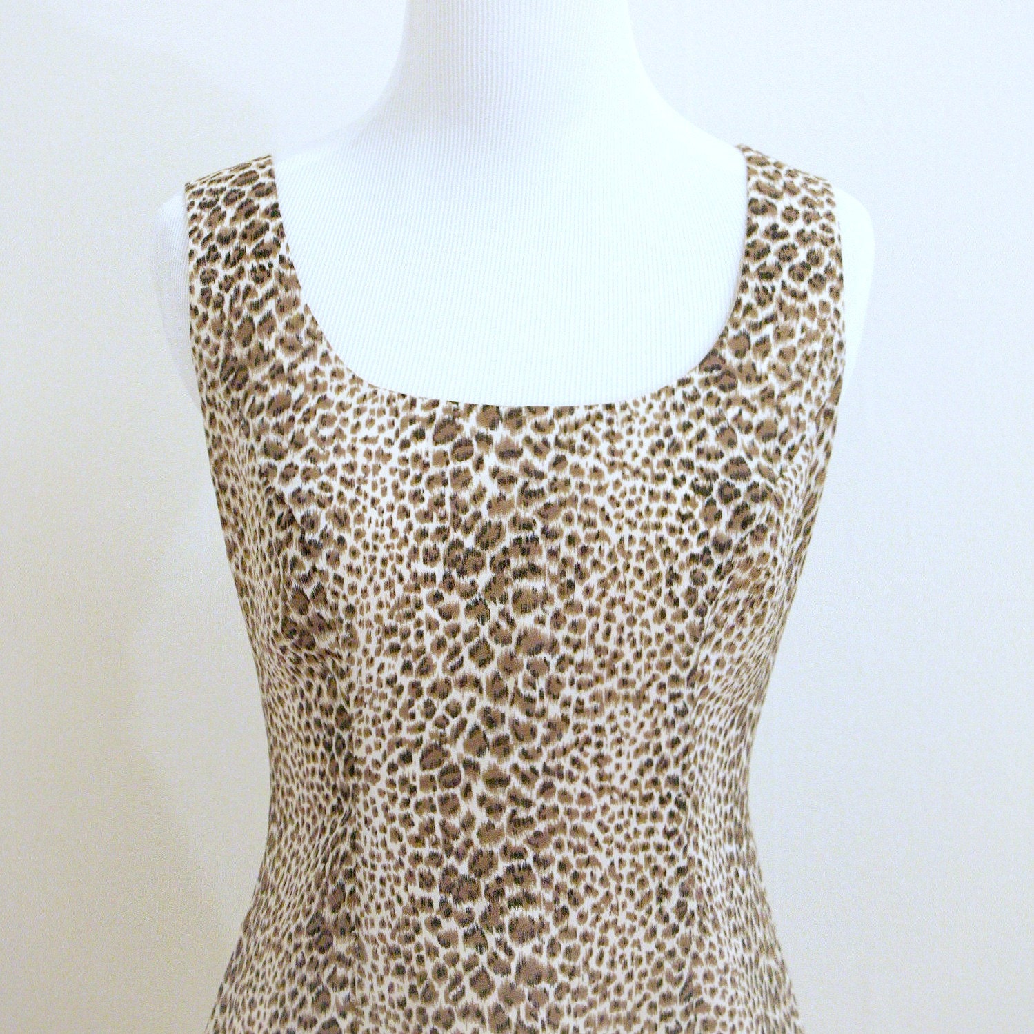 leopard print short shift dress cream brown vintage 1980s