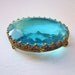 Art Deco Brooch HUGE Aqua Blue Faceted Glass Gold Brass Vintage 1930s Jewelry