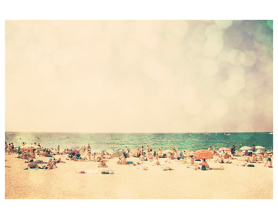 beach ocean retro travel photo print - whimsical fine art color photography, people, dream, nostalgia, cream, yellow, mint - 14x11
