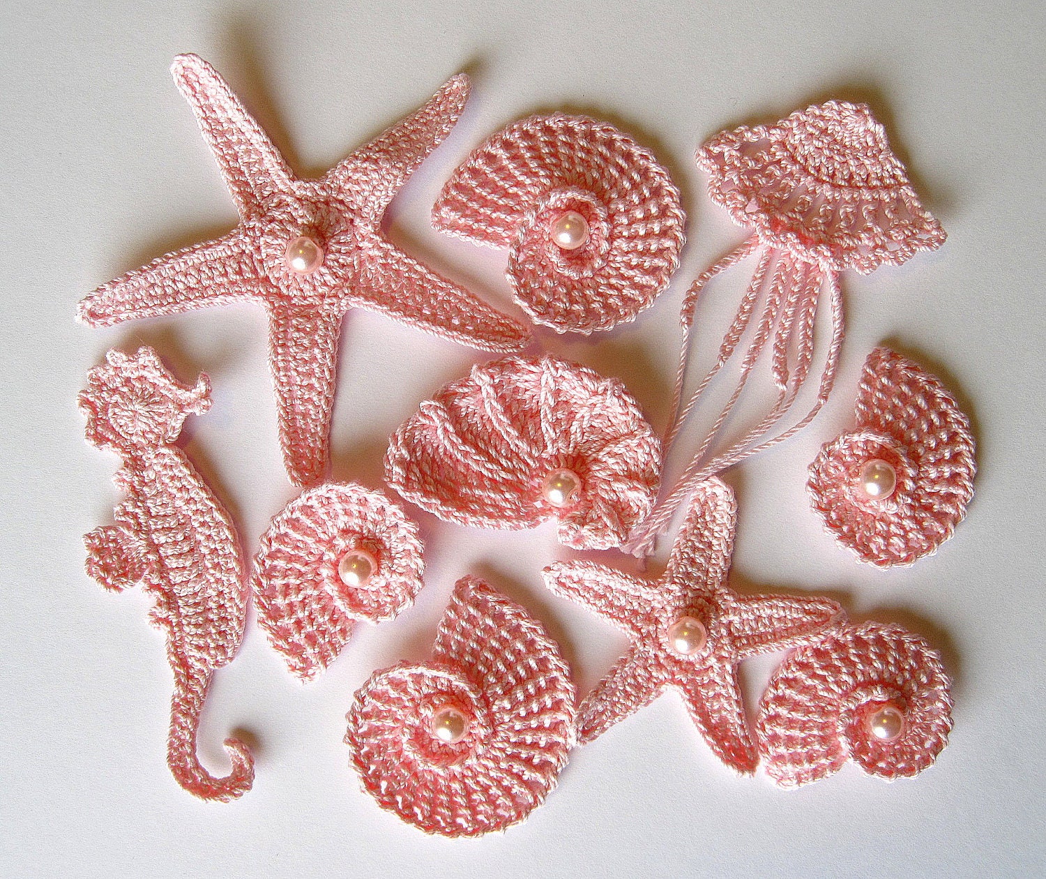 Crochet Sea Motifs, Set of 10 in Baby Pink with Pearls, MADE TO ORDER