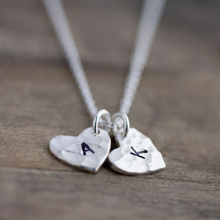 Monogram Double Heart Personalized Necklace / Two Initial Hand Stamped Charms in Sterling Silver / Choose 2 Letters - burnish