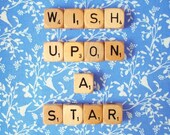 Wish Upon A Star. Fine Art Photography. Vintage Scrabble. Word Dice. Nursery Art. Blue Birds. Home Décor. Size A4
