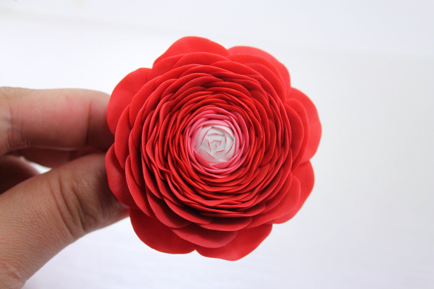 ART flower brooch, Red and White persian buttercup Flower Hair Clip pin brooch